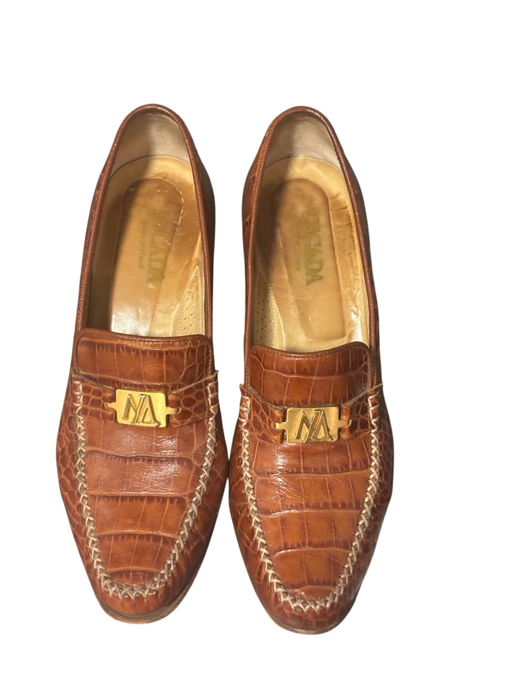 Vintage Escada Women’s Brown Croc-Embossed Leather Heeled Loafers
